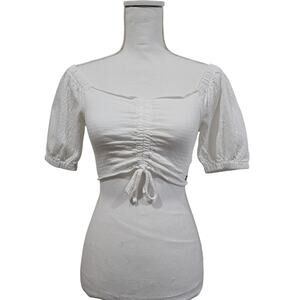 ROXY White Milkmaid Ruched Crop Top Puff Sleeve XS Cottagecore